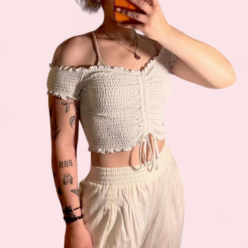 Rue21 White Smocked Ruched Crop Top XS Coquette Y2K Lettuce Trim